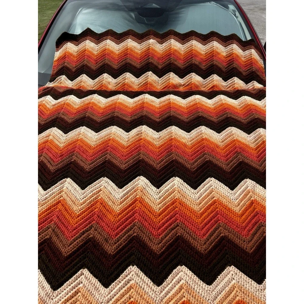 Vintage Handmade Crochet Afghan 66x51 Chevron Ripple Orange Brown Cream 70s